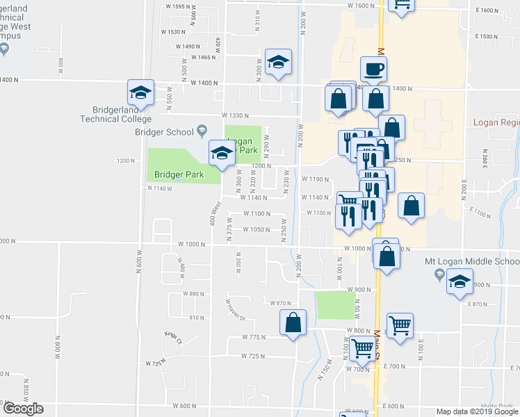 map of restaurants, bars, coffee shops, grocery stores, and more near 276 West 1140 North in Logan