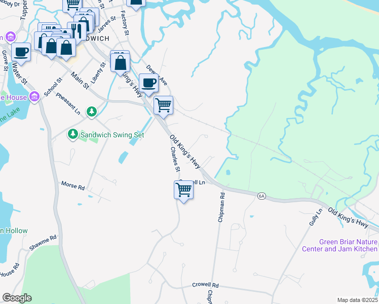 map of restaurants, bars, coffee shops, grocery stores, and more near 175 Lands End Lane in Sandwich