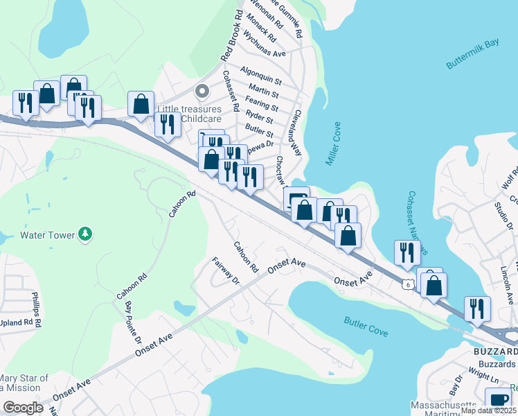 map of restaurants, bars, coffee shops, grocery stores, and more near 3160 Cranberry Highway in Wareham
