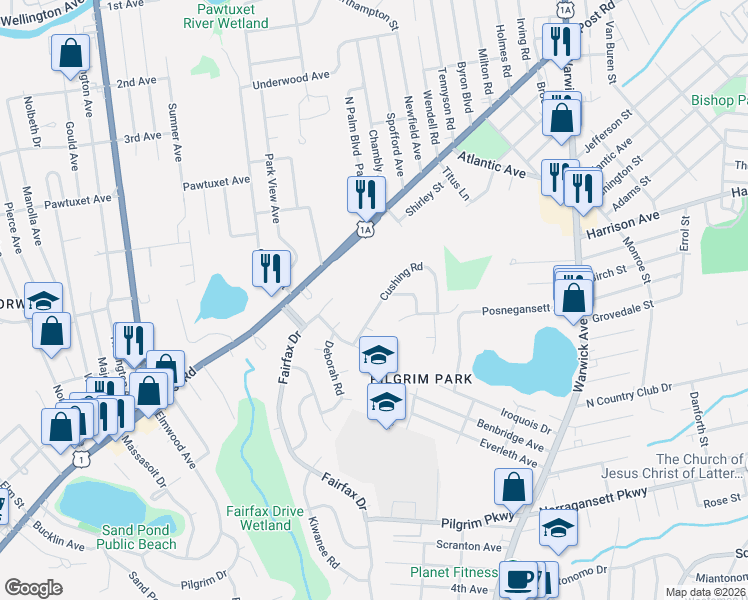 map of restaurants, bars, coffee shops, grocery stores, and more near 840 Post Road in Warwick