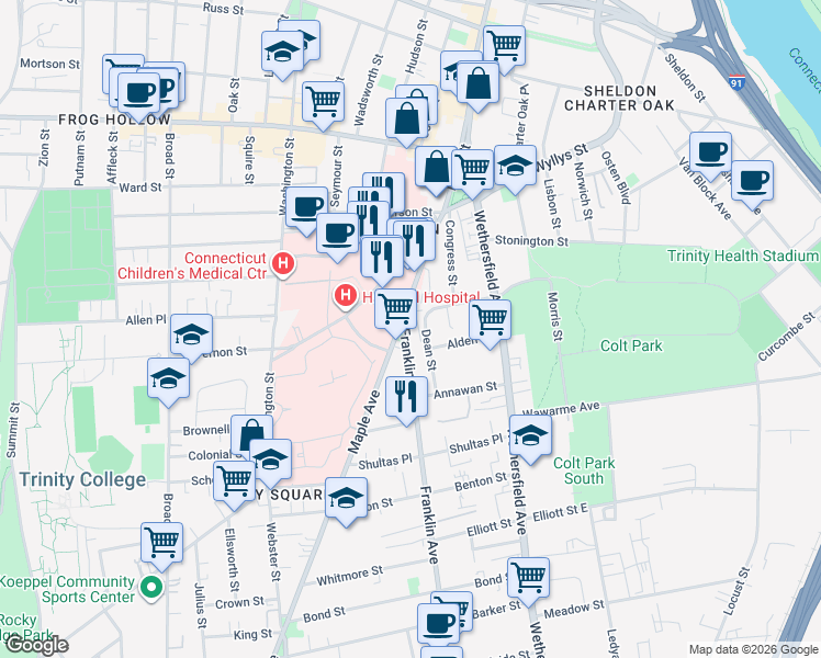 map of restaurants, bars, coffee shops, grocery stores, and more near 140 Maple Avenue in Hartford