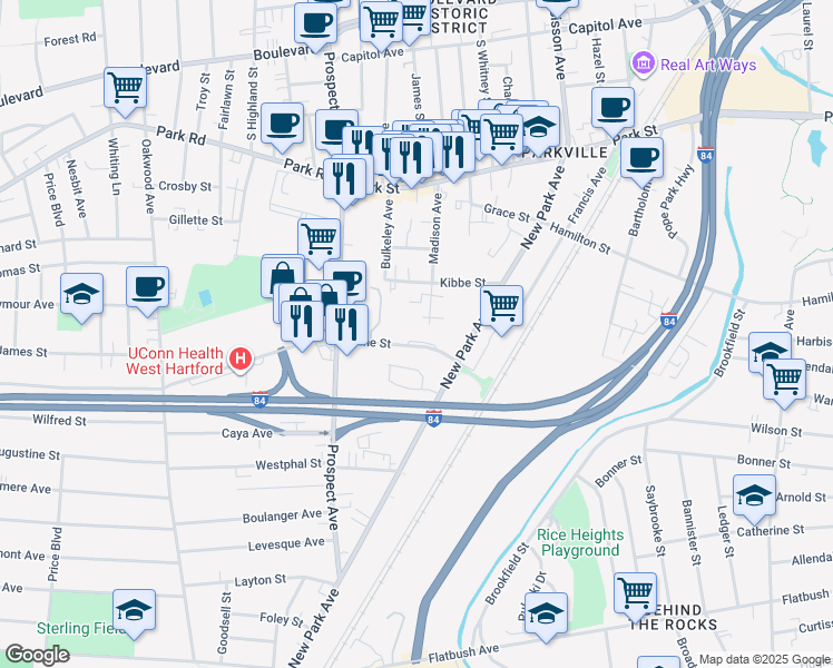 map of restaurants, bars, coffee shops, grocery stores, and more near Unnamed Road in Hartford
