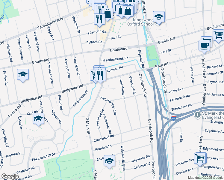 map of restaurants, bars, coffee shops, grocery stores, and more near 647 Park Road in West Hartford