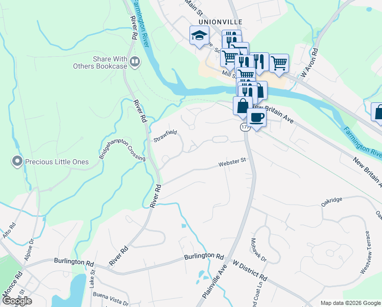 map of restaurants, bars, coffee shops, grocery stores, and more near 2 Chatham Court in Farmington
