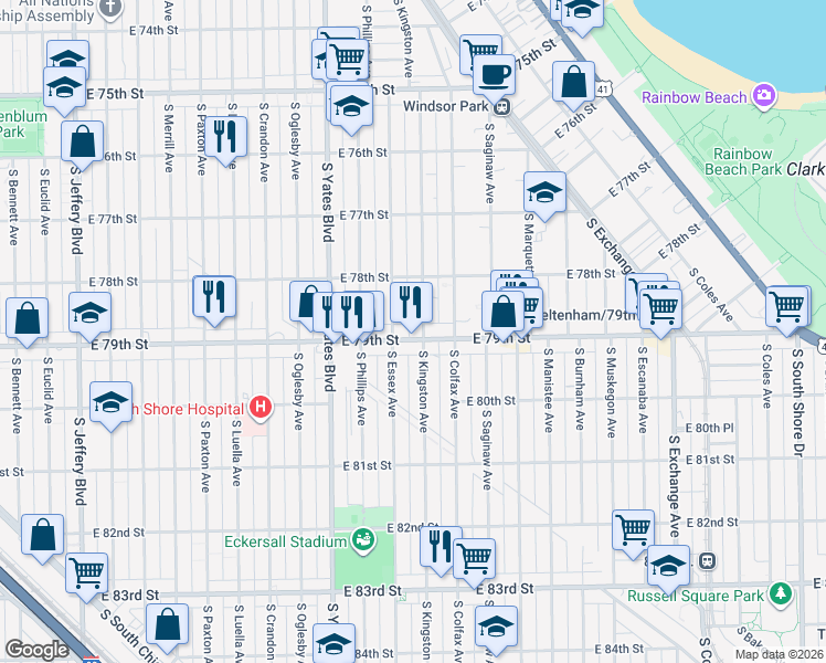 map of restaurants, bars, coffee shops, grocery stores, and more near 7841 South Kingston Avenue in Chicago