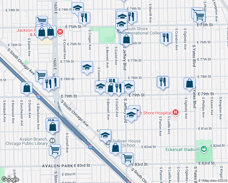 map of restaurants, bars, coffee shops, grocery stores, and more near 7828 South Euclid Avenue in Chicago