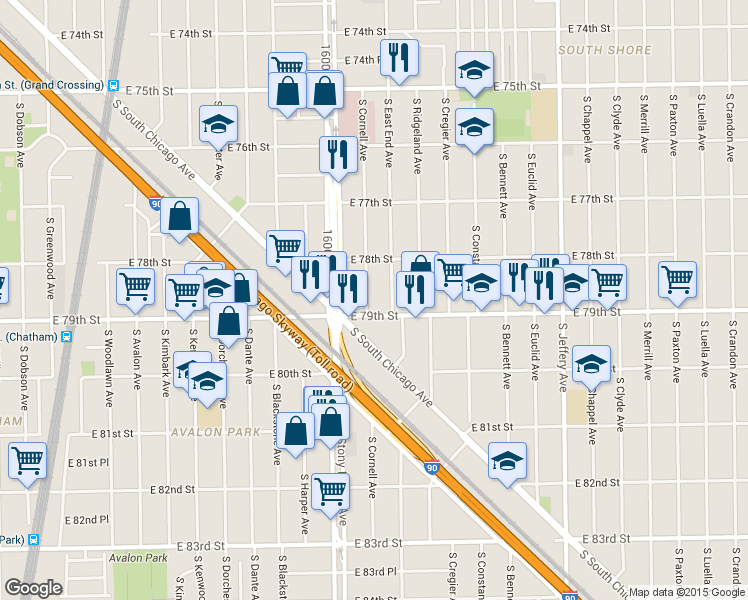 map of restaurants, bars, coffee shops, grocery stores, and more near 7826 South East End Avenue in Chicago