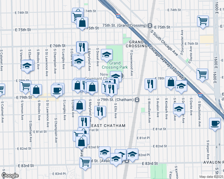 map of restaurants, bars, coffee shops, grocery stores, and more near 7823 South Ingleside Avenue in Chicago