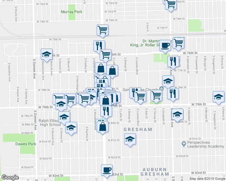 map of restaurants, bars, coffee shops, grocery stores, and more near 7702 South Bishop Street in Chicago