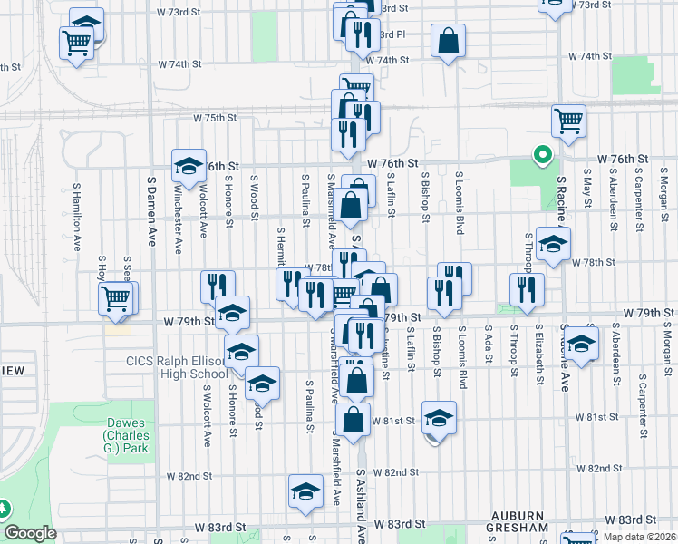 map of restaurants, bars, coffee shops, grocery stores, and more near 7751 South Marshfield Avenue in Chicago