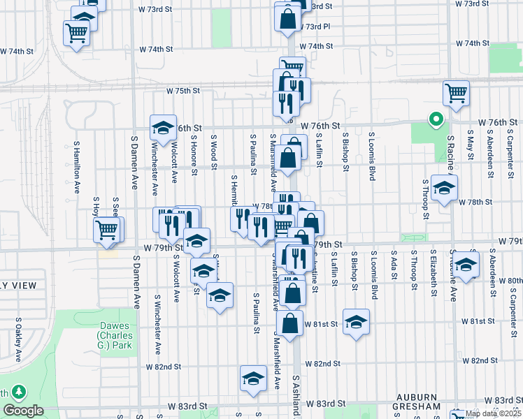 map of restaurants, bars, coffee shops, grocery stores, and more near 7748 South Paulina Street in Chicago