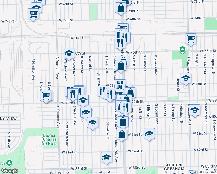 map of restaurants, bars, coffee shops, grocery stores, and more near 7748 South Paulina Street in Chicago
