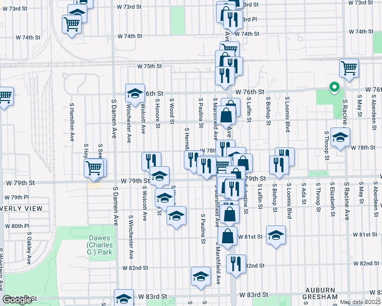 map of restaurants, bars, coffee shops, grocery stores, and more near 7801 South Hermitage Avenue in Chicago