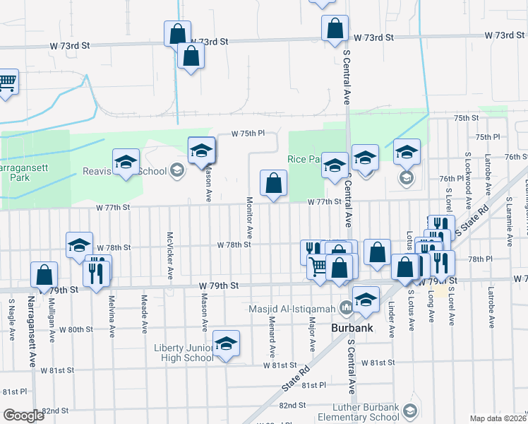 map of restaurants, bars, coffee shops, grocery stores, and more near 5776 West 77th Street in Burbank