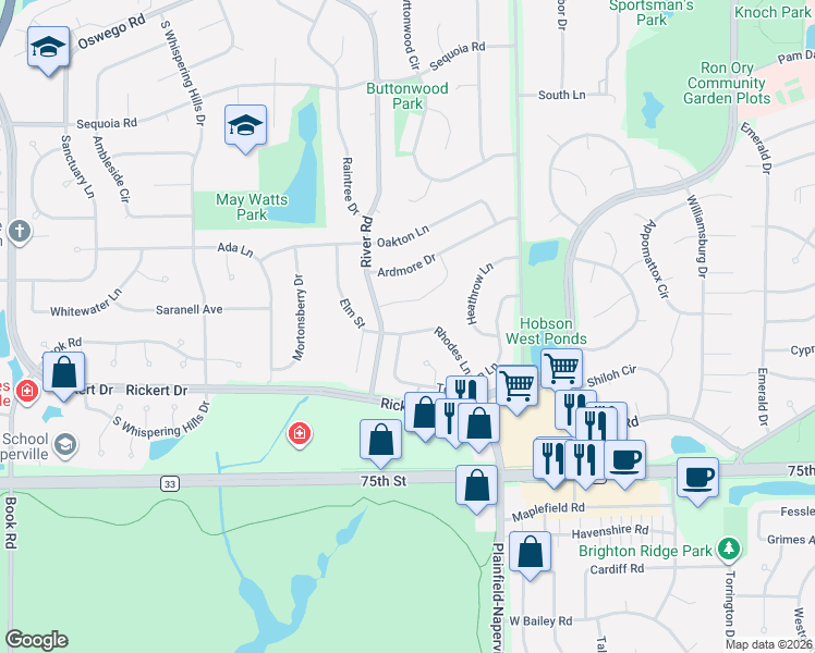 map of restaurants, bars, coffee shops, grocery stores, and more near 1268 Ashton Lane in Naperville