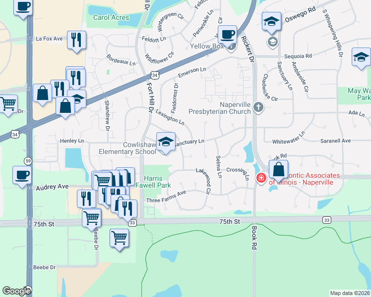 map of restaurants, bars, coffee shops, grocery stores, and more near 1107 Sanctuary Lane in Naperville