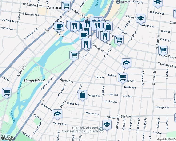 map of restaurants, bars, coffee shops, grocery stores, and more near 158 1/2 South Lincoln Avenue in Aurora