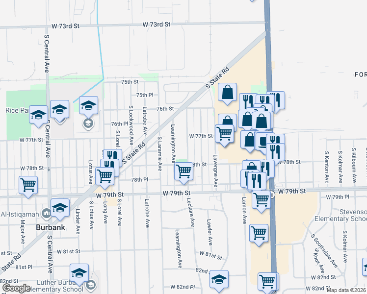 map of restaurants, bars, coffee shops, grocery stores, and more near 7705 Leclaire Avenue in Oak Lawn