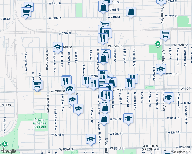 map of restaurants, bars, coffee shops, grocery stores, and more near 1639 West 78th Street in Chicago