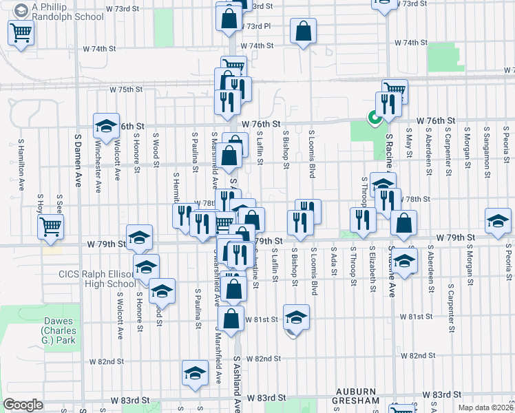 map of restaurants, bars, coffee shops, grocery stores, and more near 7702 South Bishop Street in Chicago