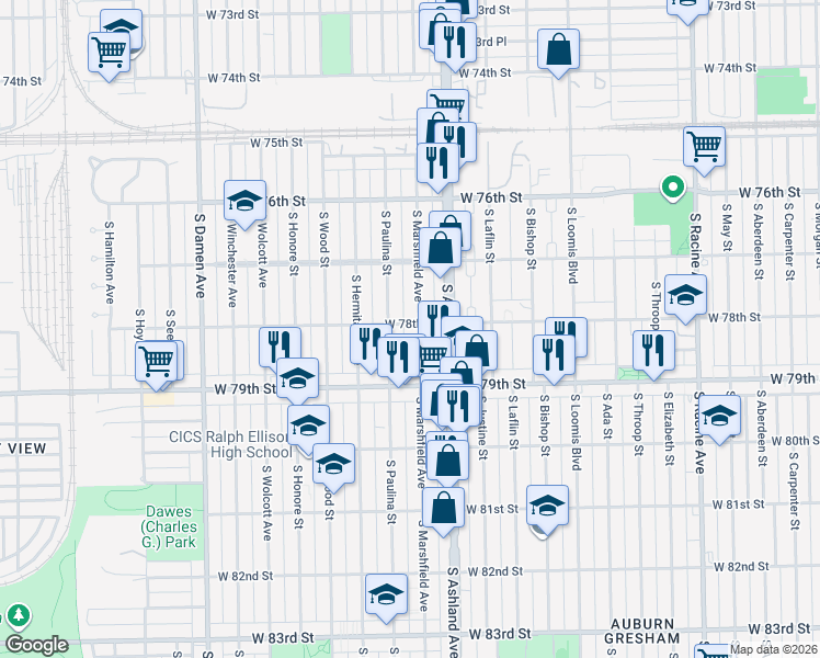 map of restaurants, bars, coffee shops, grocery stores, and more near 1641 West 78th Street in Chicago
