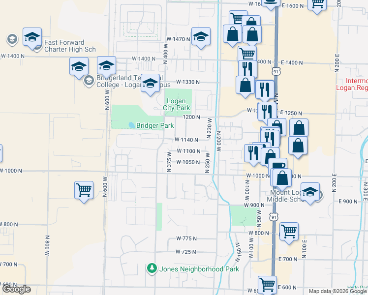 map of restaurants, bars, coffee shops, grocery stores, and more near 356 West 1140 North in Logan