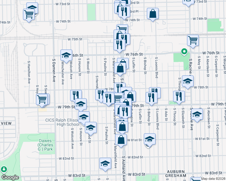 map of restaurants, bars, coffee shops, grocery stores, and more near 7800 South Marshfield Avenue in Chicago
