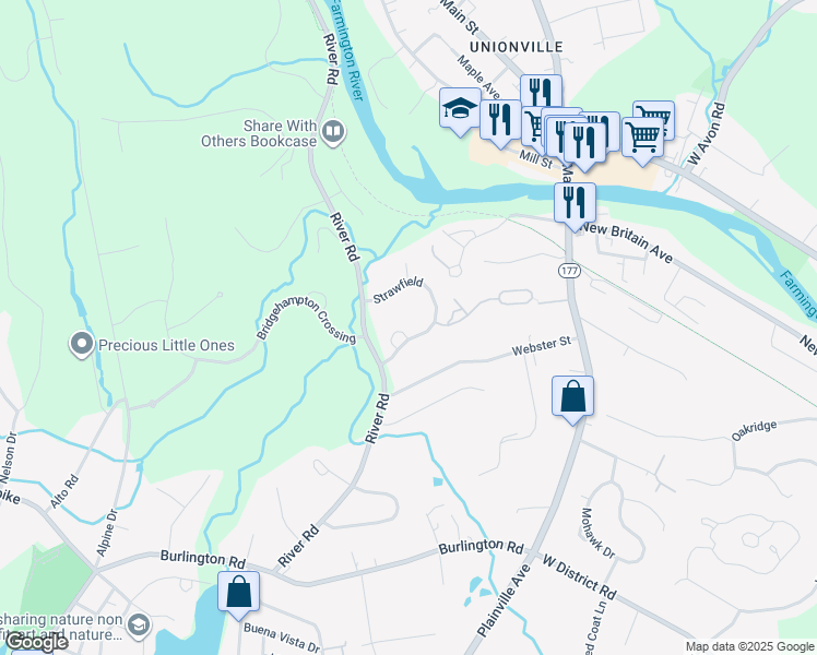 map of restaurants, bars, coffee shops, grocery stores, and more near 17 Birmingham Circle in Farmington
