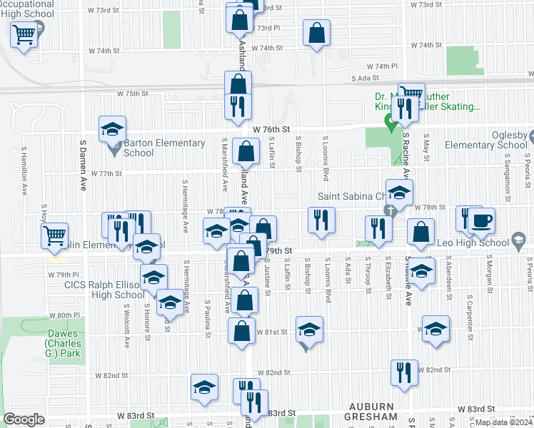map of restaurants, bars, coffee shops, grocery stores, and more near 1503 West 78th Street in Chicago