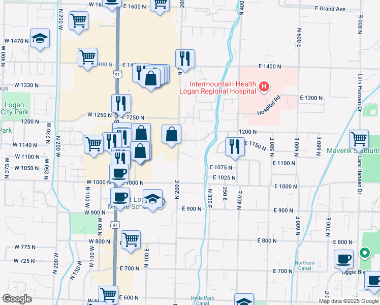map of restaurants, bars, coffee shops, grocery stores, and more near 235 East 1100 North in Logan