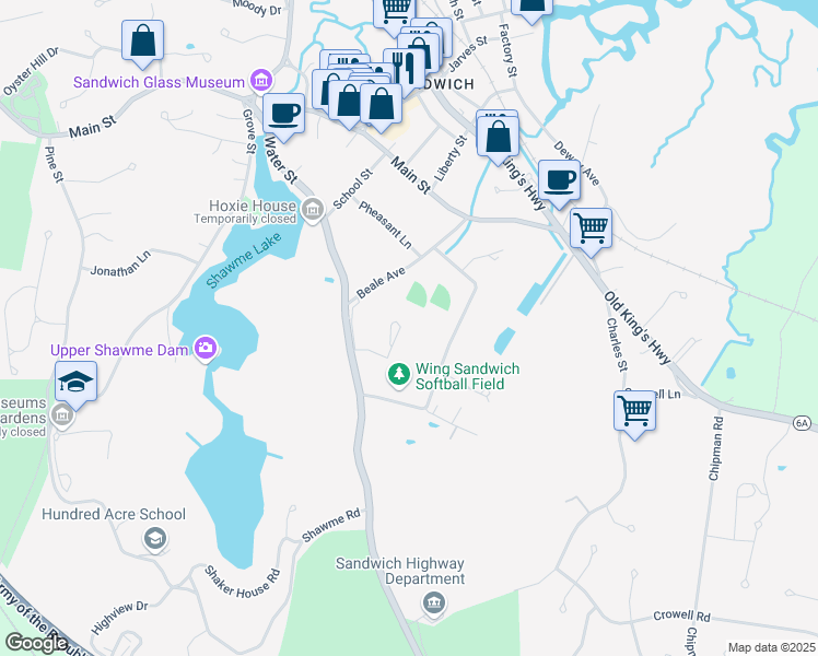 map of restaurants, bars, coffee shops, grocery stores, and more near 33 Water Street in Sandwich