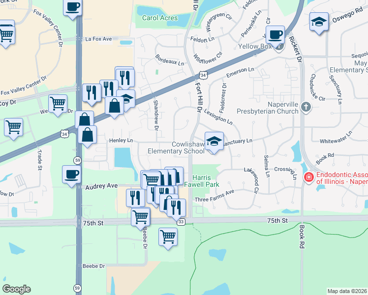 map of restaurants, bars, coffee shops, grocery stores, and more near 2508 Blakely Lane in Naperville