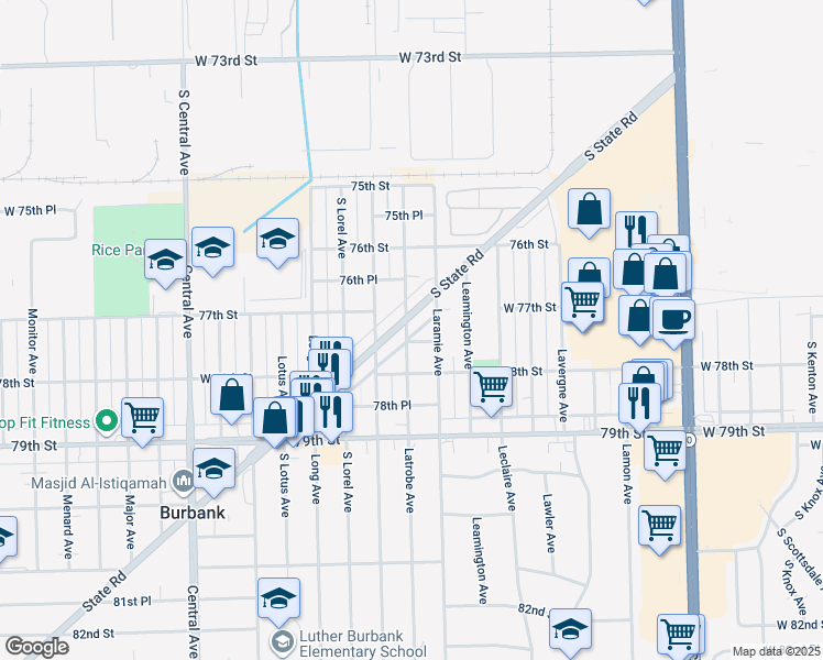 map of restaurants, bars, coffee shops, grocery stores, and more near 7701 Latrobe Avenue in Burbank