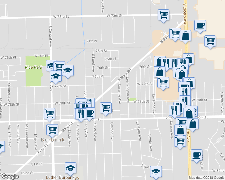 map of restaurants, bars, coffee shops, grocery stores, and more near 7701 Latrobe Avenue in Burbank
