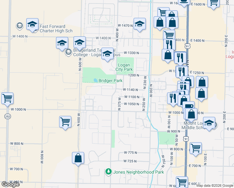 map of restaurants, bars, coffee shops, grocery stores, and more near 377 West 1100 North in Logan
