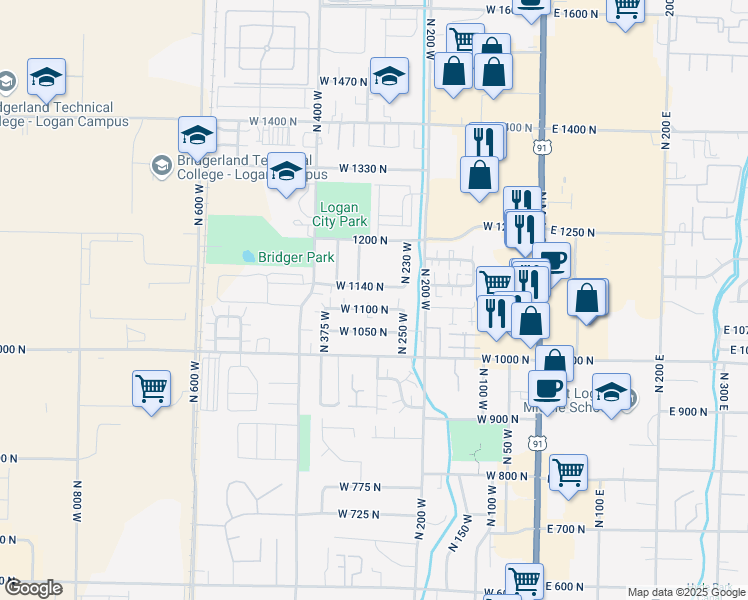 map of restaurants, bars, coffee shops, grocery stores, and more near 276 West 1140 North in Logan
