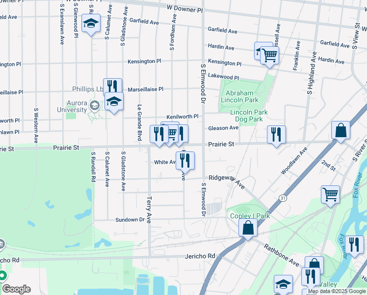 map of restaurants, bars, coffee shops, grocery stores, and more near 506 Hartford Avenue in Aurora