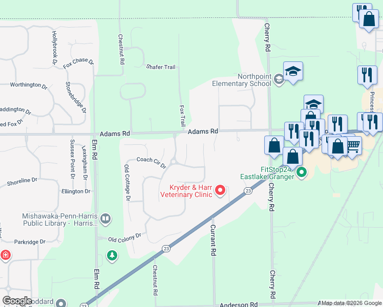 map of restaurants, bars, coffee shops, grocery stores, and more near 51000-51198 Woods Run Ct in Granger