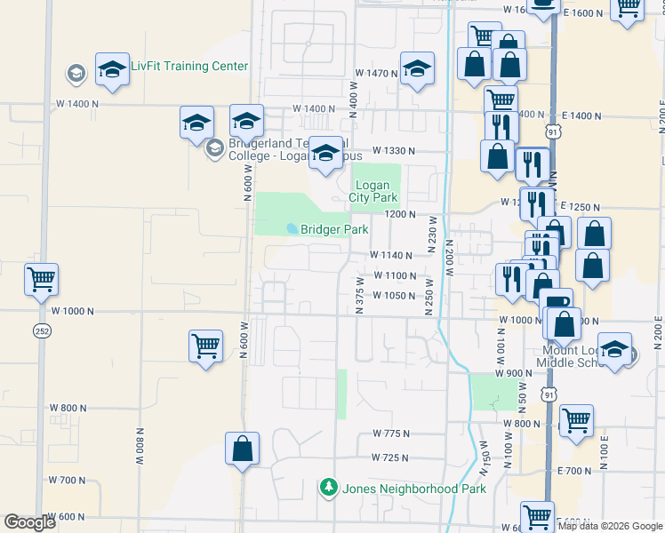 map of restaurants, bars, coffee shops, grocery stores, and more near 414 West 1140 North in Logan