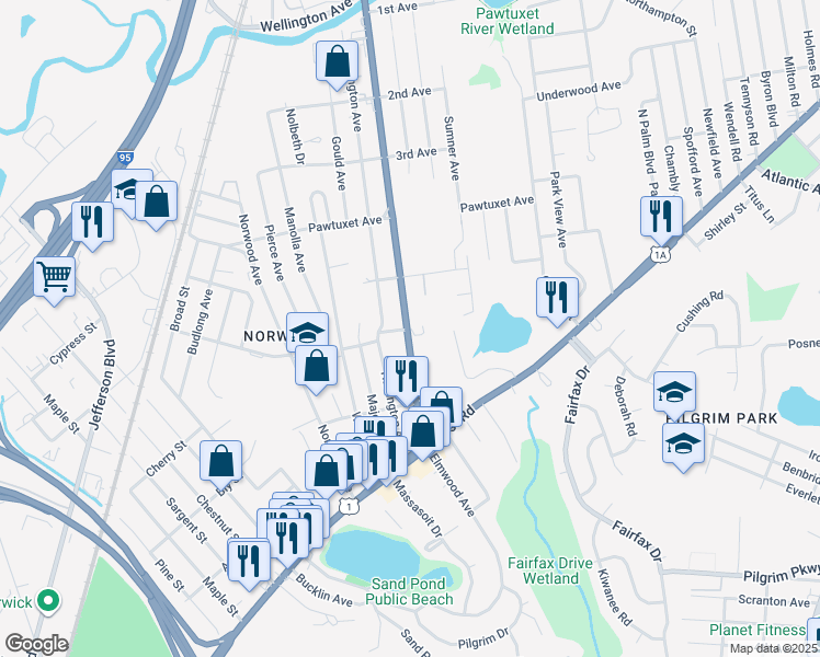 map of restaurants, bars, coffee shops, grocery stores, and more near 2030 Elmwood Avenue in Warwick