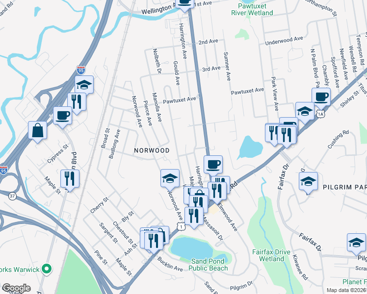 map of restaurants, bars, coffee shops, grocery stores, and more near 94 Welfare Avenue in Warwick