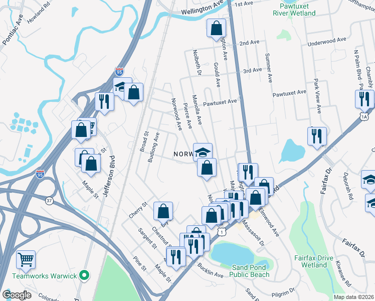 map of restaurants, bars, coffee shops, grocery stores, and more near in Warwick