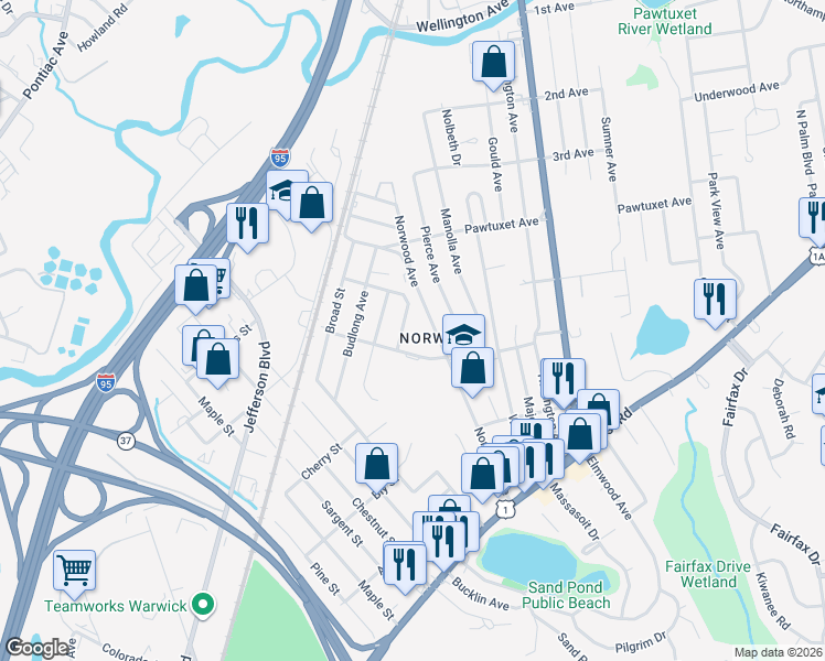 map of restaurants, bars, coffee shops, grocery stores, and more near in Warwick