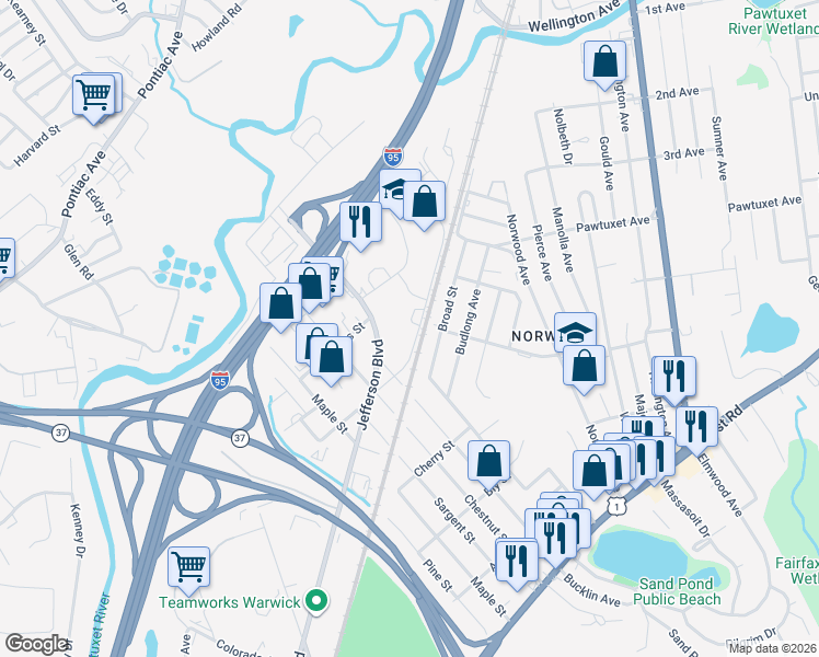map of restaurants, bars, coffee shops, grocery stores, and more near 93 Broad Street in Warwick