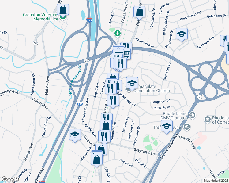 map of restaurants, bars, coffee shops, grocery stores, and more near in Cranston