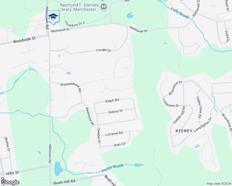 map of restaurants, bars, coffee shops, grocery stores, and more near 55 Round Hill Road in Manchester