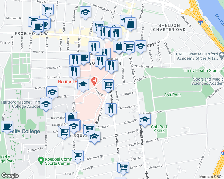 map of restaurants, bars, coffee shops, grocery stores, and more near 140 Maple Avenue in Hartford