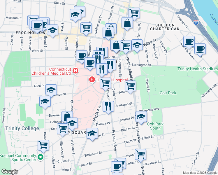 map of restaurants, bars, coffee shops, grocery stores, and more near 140 Maple Avenue in Hartford