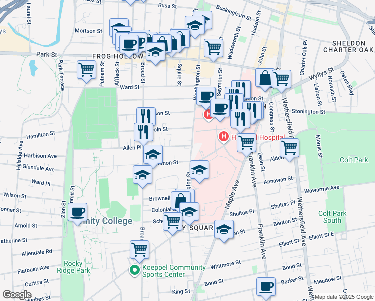 map of restaurants, bars, coffee shops, grocery stores, and more near 20 Allen Place in Hartford