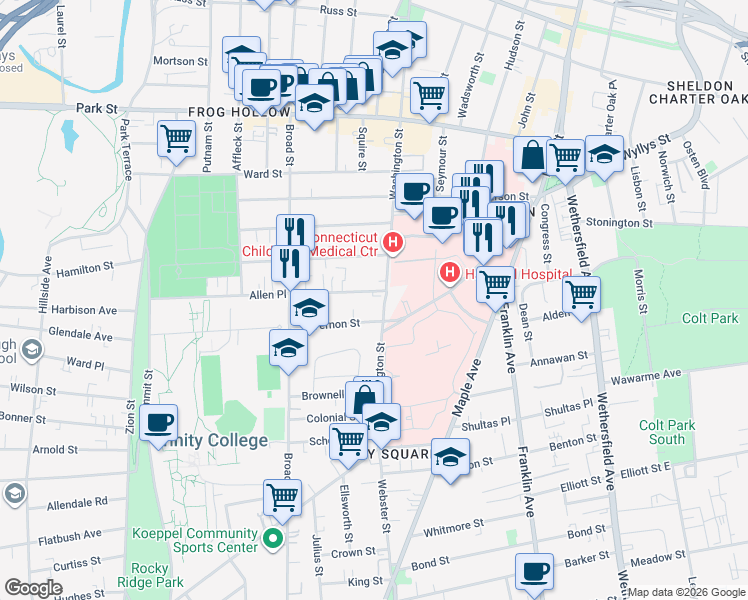 map of restaurants, bars, coffee shops, grocery stores, and more near 20 Allen Place in Hartford